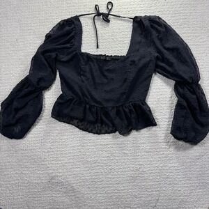 Forever 21 Black Boho Sheer Long Puffy Sleeve Shirt Size Large